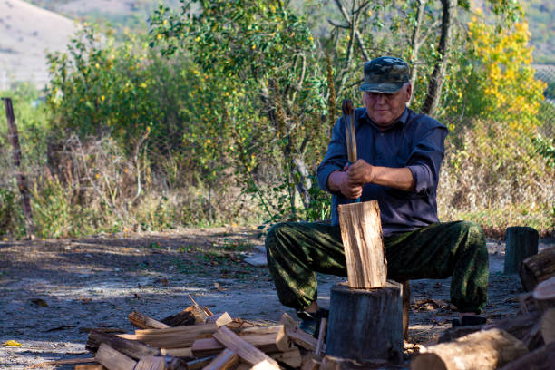 istock Old man chop wood sitting. View from the front. Outdoors in the daytime. 1303601896