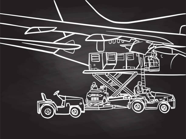 AirFreightUnloadingCargo Unloading freight containers from a commercial airplane.  Vector illustration airplane mechanic stock illustrations