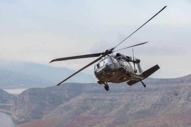 uh-60 black hawk helicóptero militar volando - defense industry fotografías e imágenes de stock