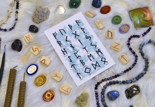 istock Still life with runes, chakras symbols on stones and ritual objects. 1303606977