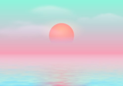 Sun over the sea with sun road and vaporwave 90s styled calm blue and pink colors