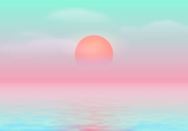 Sun over the sea with sun road and vaporwave 90s styled green and pink colors Sun over the sea with sun road and vaporwave 90s styled calm blue and pink colors tropical beach and clouds scene stock illustrations