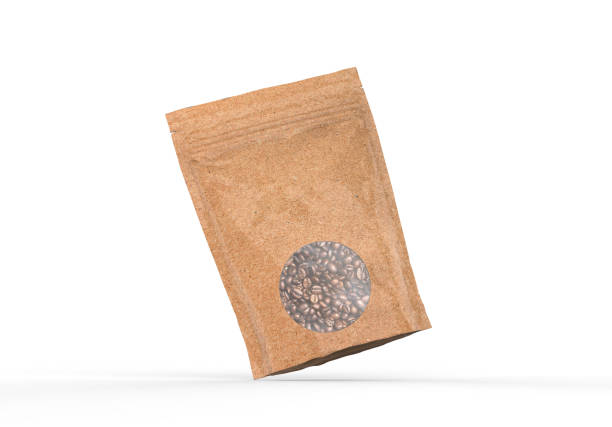 istock Kraft paper pouch mock up for coffee beans. Blank craft coffee bean pack mock up on isolated white background, 3d illustration 1303607024