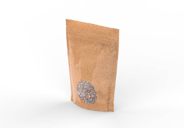 istock Kraft paper pouch mock up for coffee beans. Blank craft coffee bean pack mock up on isolated white background, 3d illustration 1303607026