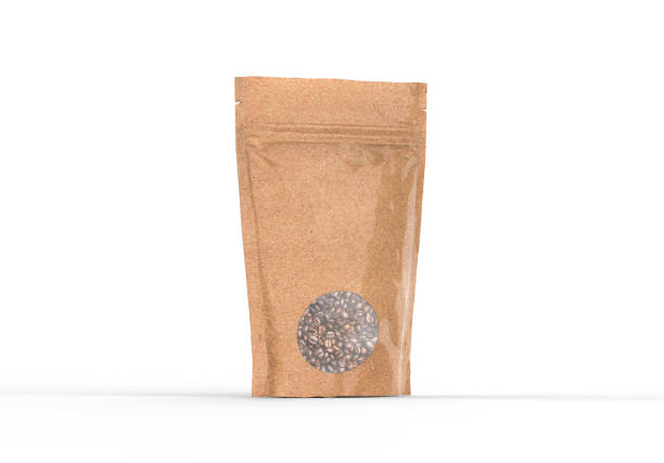istock Kraft paper pouch mock up for coffee beans. Blank craft coffee bean pack mock up on isolated white background, 3d illustration 1303607029