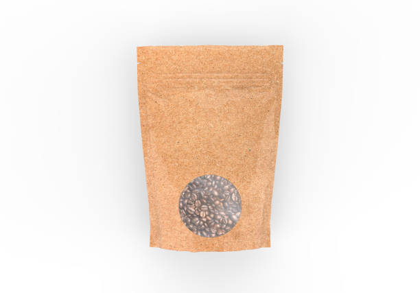 istock Kraft paper pouch mock up for coffee beans. Blank craft coffee bean pack mock up on isolated white background, 3d illustration 1303607031