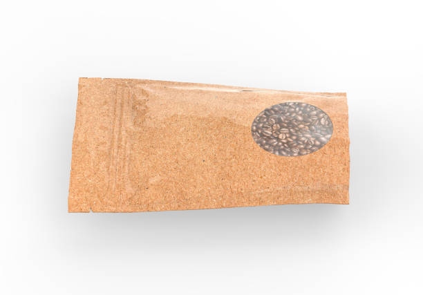 istock Kraft paper pouch mock up for coffee beans. Blank craft coffee bean pack mock up on isolated white background, 3d illustration 1303607032