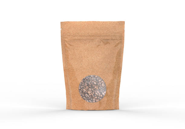 Kraft paper pouch mock up for coffee beans. Blank craft coffee bean pack mock up on isolated white background, 3d illustration