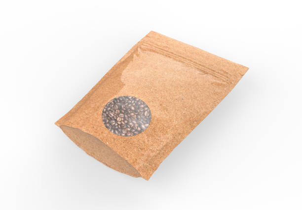 istock Kraft paper pouch mock up for coffee beans. Blank craft coffee bean pack mock up on isolated white background, 3d illustration 1303607035