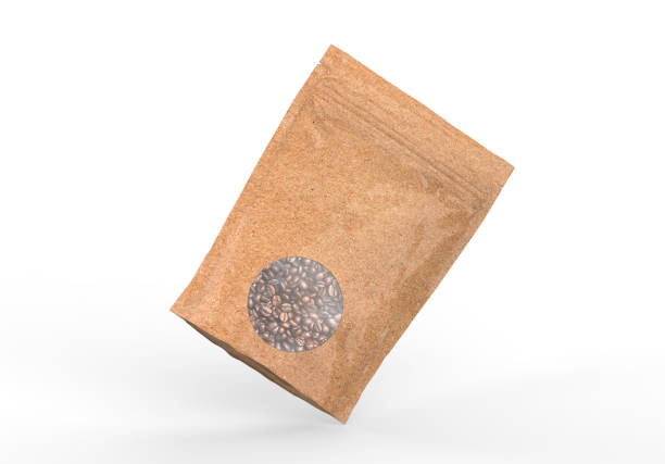 istock Kraft paper pouch mock up for coffee beans. Blank craft coffee bean pack mock up on isolated white background, 3d illustration 1303607036