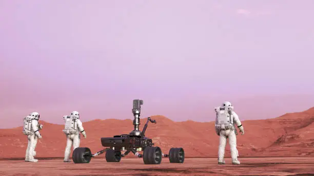 Photo of Astronauts and rover on Mars