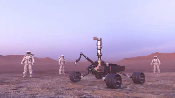 Photo of Astronauts and rover on Mars