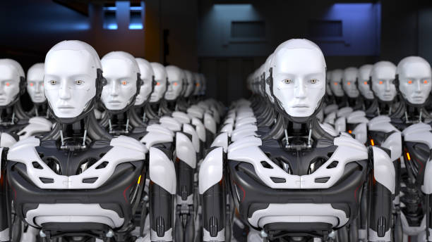 istock Army of robot workers standing in a row 1303609531