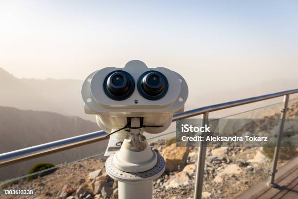 Coin Operated Binoculars At Jebel Jais Viewing Deck Park Overlooking Hajar Mountains Uae Stock Photo - Download Image Now