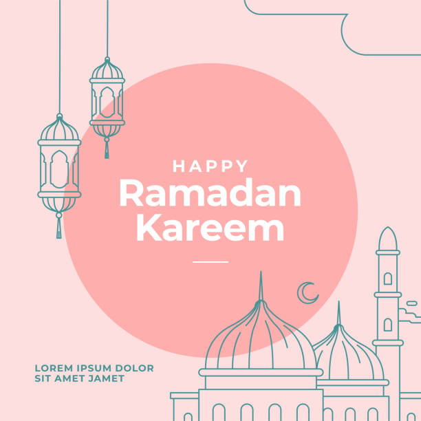 ilustraciones, imágenes clip art, dibujos animados e iconos de stock de diseño del cartel de ramadan kareem con ilustración vectorial monolínea de mezquita y lámpara de linterna para el evento del festival de ayuno islam - ramadan