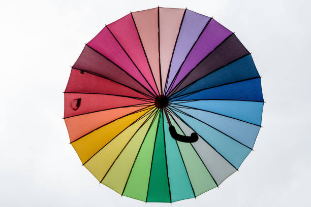 istock Large rainbow opened umbrella viewed from below towards white background 1303616007