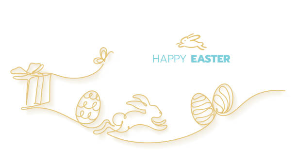 Happy easter day celebration vector illustration Happy easter day celebration, happiness fun rabbit running on field with gift presents and eggs continuous line art style vector illustration easter vector holiday design element stock illustrations
