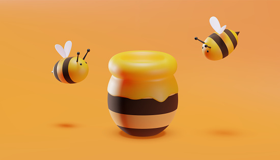 Sweet little bees flying around a pot of honey. 3D illustration. Vector.