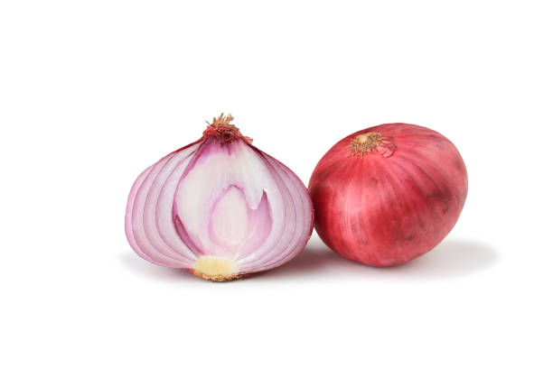 istock Red sliced onion isolated on white background 1303617546