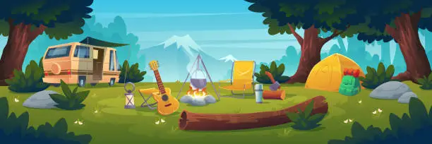 Vector illustration of Summer camp at day time, camping, hiking activity