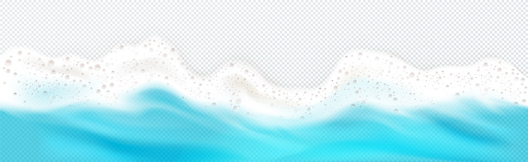Top view of sea wave foam splashing down border. Blue ocean foamy water splash isolated on transparent background. Natural nautical frame, spume froth design element, realistic 3d vector illustration