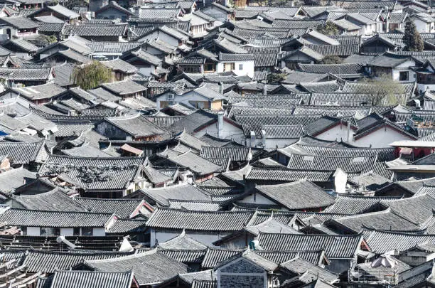 Traditional Chinese glazed tiled rooftops of Lijiang Old Town, Yunnan, China