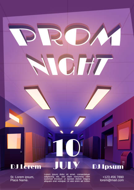 Prom night cartoon poster to graduation party Prom night cartoon invitational poster to graduation party or disco with empty dark school corridor, college or university hallway with glow lams perspective view. Bachelor celebration vector flyer prom stock illustrations