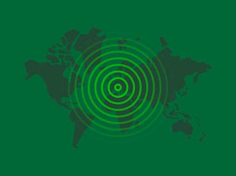 Vector illustration of a world map on a green radar.