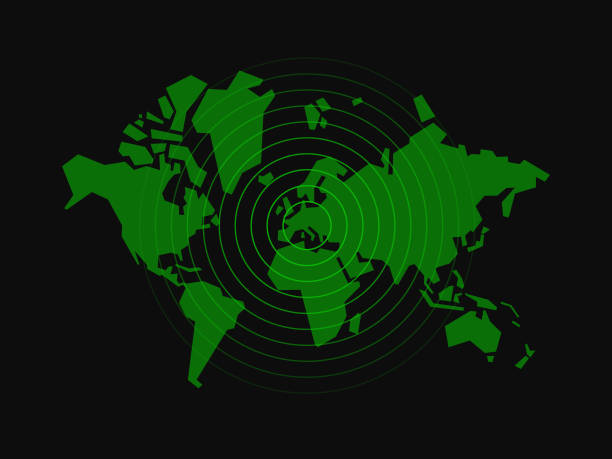 ilustraciones, imágenes clip art, dibujos animados e iconos de stock de radar de mapa mundial - surveillance world map globe planet