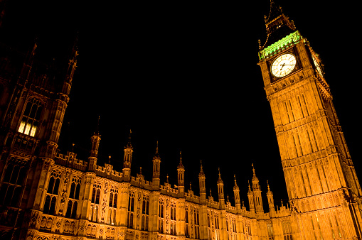 view of Big Ben at and Houses of Parliament at night, London, UK