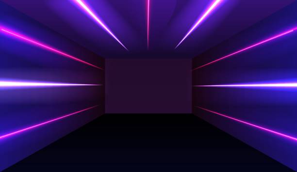 istock Corridor with neon luminous fluorescent lamps turned on. Futuristic architecture background. 1303622699