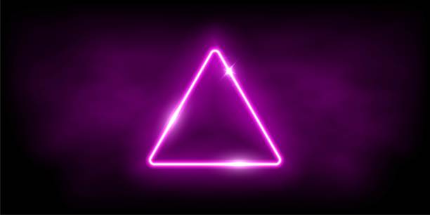 istock Glowing neon pink triangle with sparkles in fog abstract background. Electric light frame. Geometric fashion design vector illustration. Empty minimal art decoration 1303625546