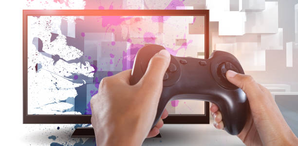 istock Composite image of woman playing video game against white background 1303626114