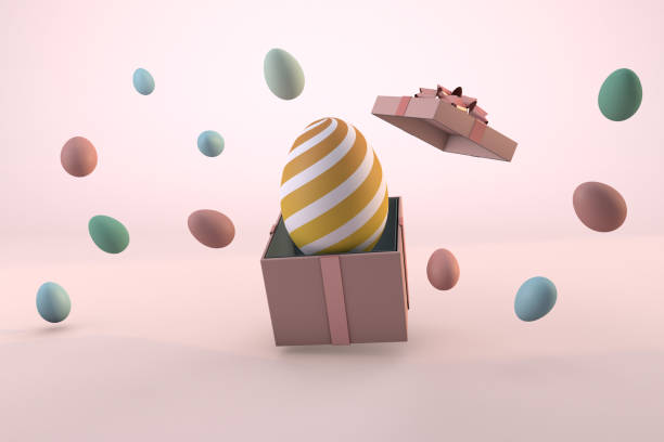 istock Colorful Easter eggs and pink gift box on pastel background 1303627210