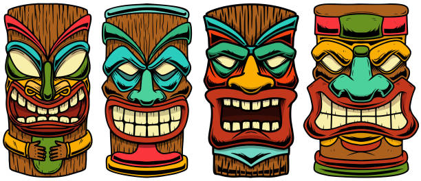 ilustraciones, imágenes clip art, dibujos animados e iconos de stock de conjunto de ilustración del ídolo tiki. elemento de diseño para etiqueta, signo, póster. ilustración vectorial - hawaii islands summer surfboard tropical climate