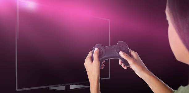 istock Composite image of woman playing video game against white background 1303630016