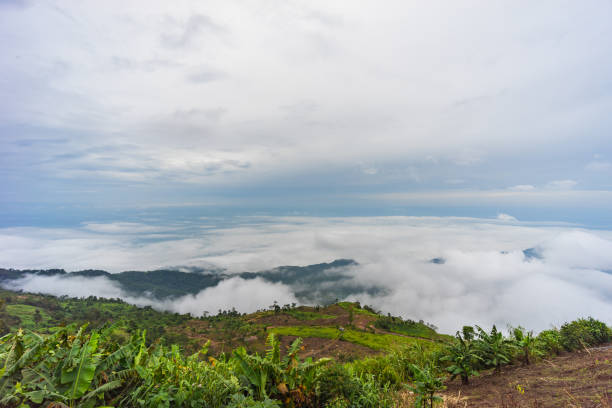 istock Beautiful sunshine at misty morning mountains 1303630939