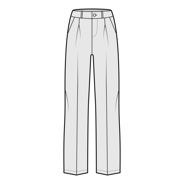 istock Pants tailored technical fashion illustration with low waist, rise, slant slashed flap pockets, single pleat, belt loops 1303632355