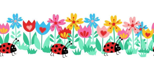 Vector illustration of Seamless kids vector border ladybugs and flowers. Cute floral animal repeating horizontal pattern. Summer background children decor. Hand drawn illustration fabric trim, banner, wall decals, footer.