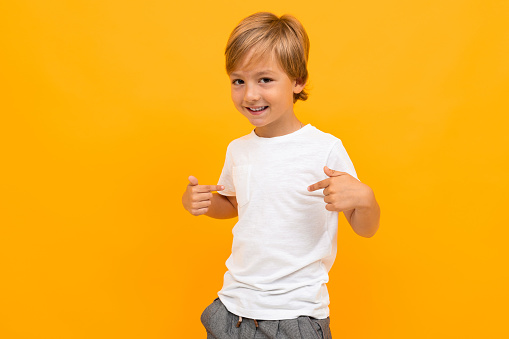 Portrait of beautiful young caucasian boy in white t-shirt and grey trousers shows himself and smiles