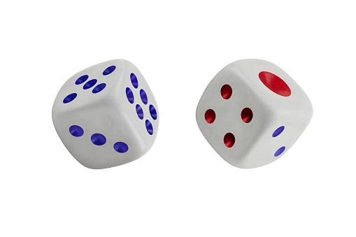 Two white dices isolated on white. Three, five, six and one, two, four. Blank for the designer.