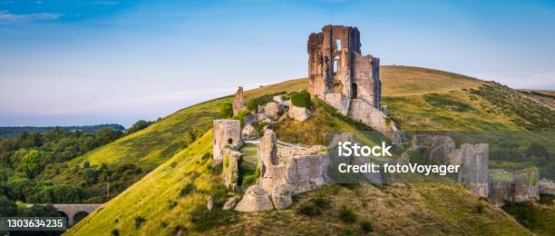Medieval Ruins Corfe Castle Sunset Panorama Isle Purbeck Dorset Uk Stock Photo - Download Image Now
