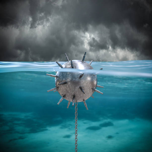 istock 3d rendering of a large mine with chain in the sea. 1303634678