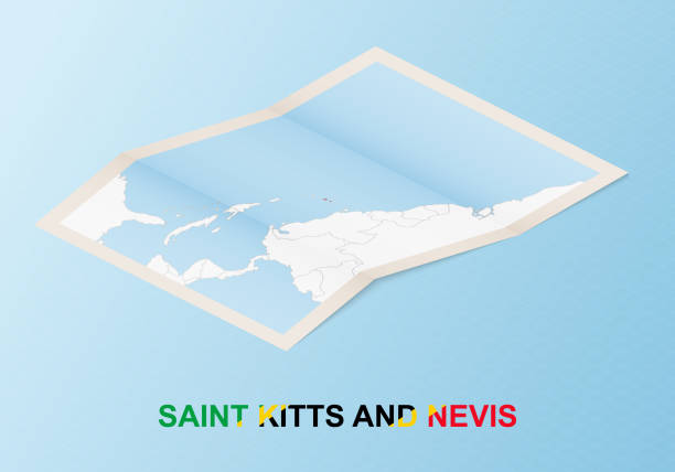 istock Folded paper map of Saint Kitts and Nevis with neighboring countries in isometric style. 1303637569