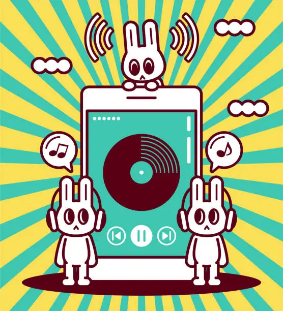 Vector illustration of Happy cool rabbit wearing headset listening to music on smartphone
