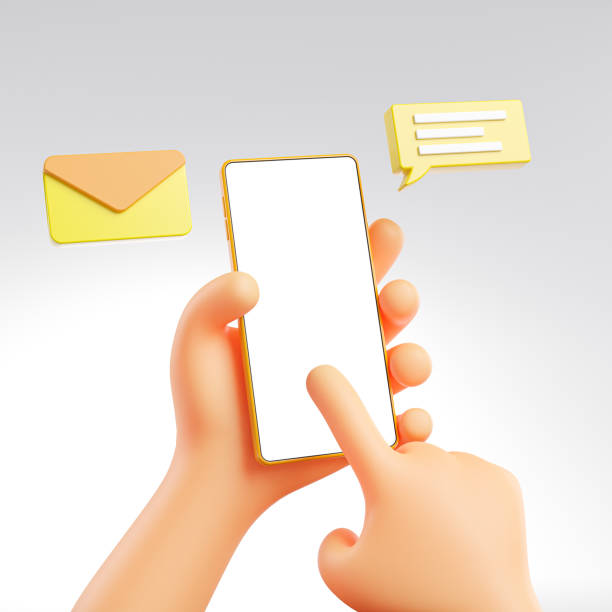 istock Cute Hand Holding and Touching Phone Message Pop Up Mockup Template 3D Rendering 1303638855