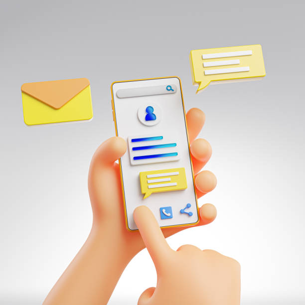 istock Cute Hand Holding and Touching Phone Message Pop Up 3D Rendering 1303638870