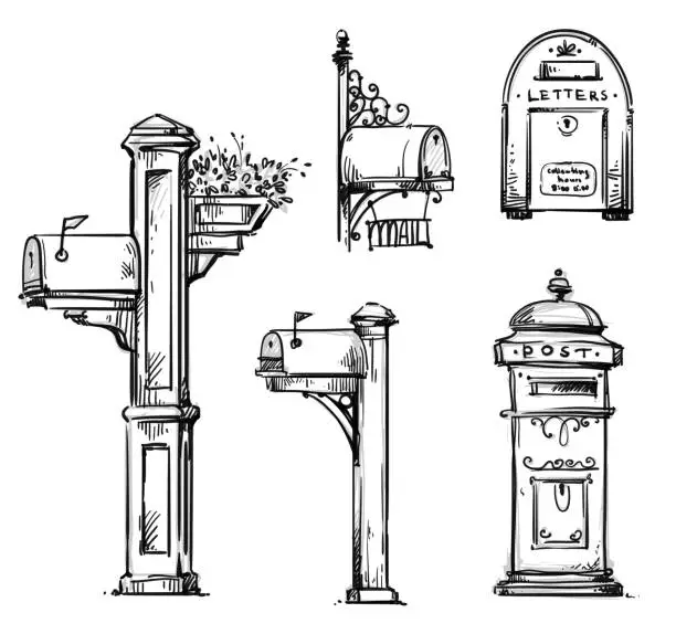 Vector illustration of Set of vintage mailboxes, post mounted mailbox vector sketch.