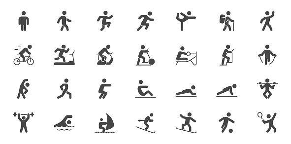 Sport people simple flat glyph icons. Vector illustration with minimal icon - exercise, yoga, active man, running, treadmill, fitness, aerobic, snowboard black silhouette.
