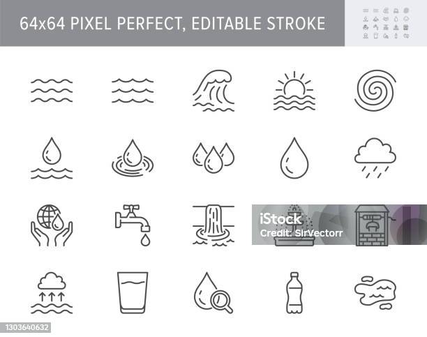 물 라인 아이콘 벡터 일러스트는 아쿠아 자원에 대한 아이콘 윤곽 플라스틱 병 바다 파도 물 잘 태풍 쓰나미 일몰 토네이도 그림이 포함되어 있습니다 64x64 픽셀 완벽한 편집 가능한 스트 아이콘에 대한 스톡 벡터 아트 및 기타 이미지